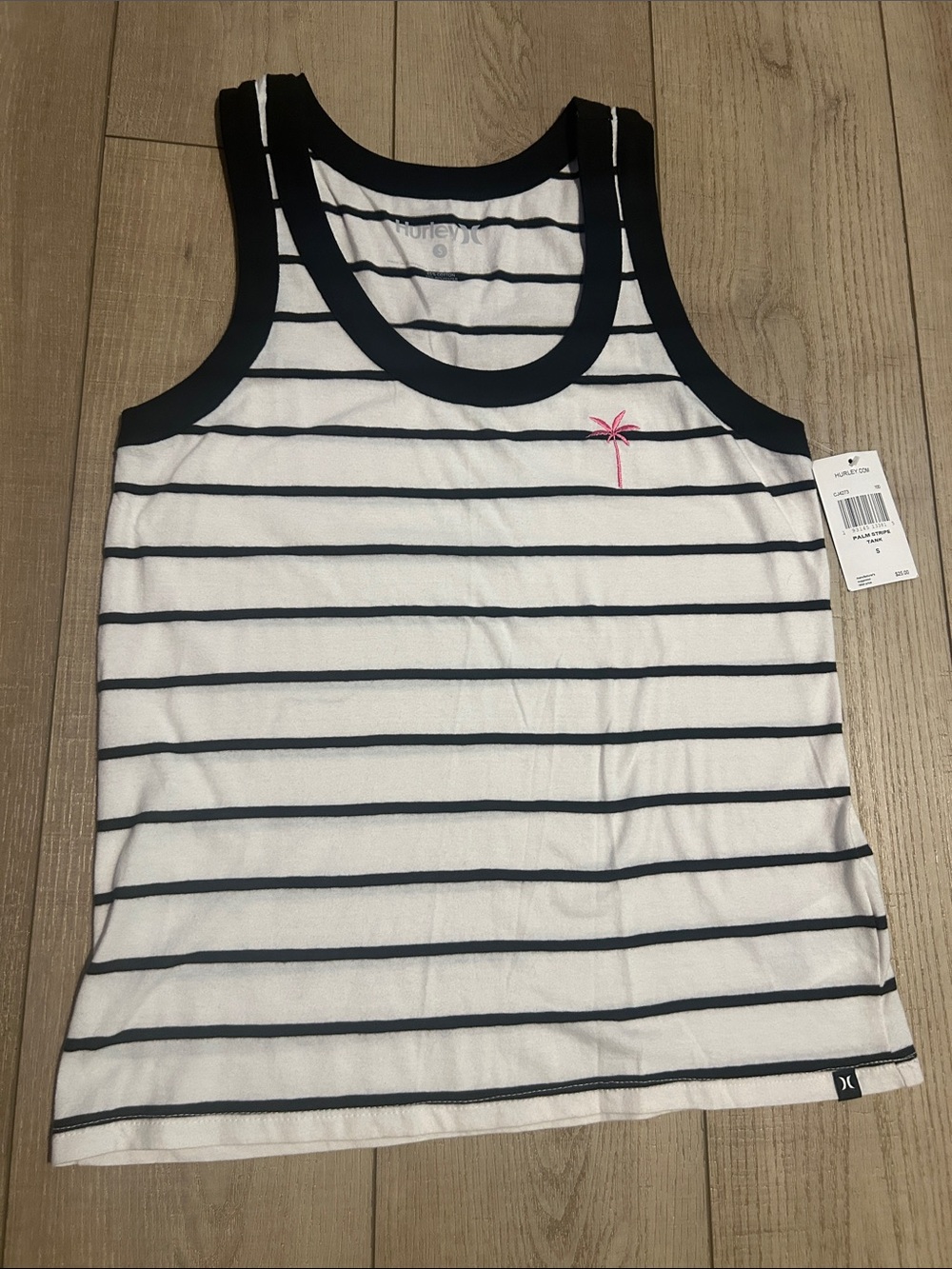 Hurley White and Black Striped Tank with Pink Palm Accent